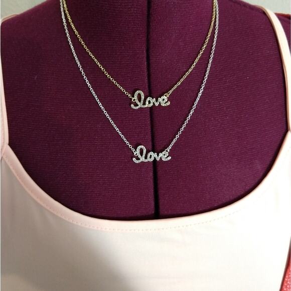 Silver Pave Love Necklace 18k gold plated script 16"-19" mini glass rhinestones - Picture 7 of 7
